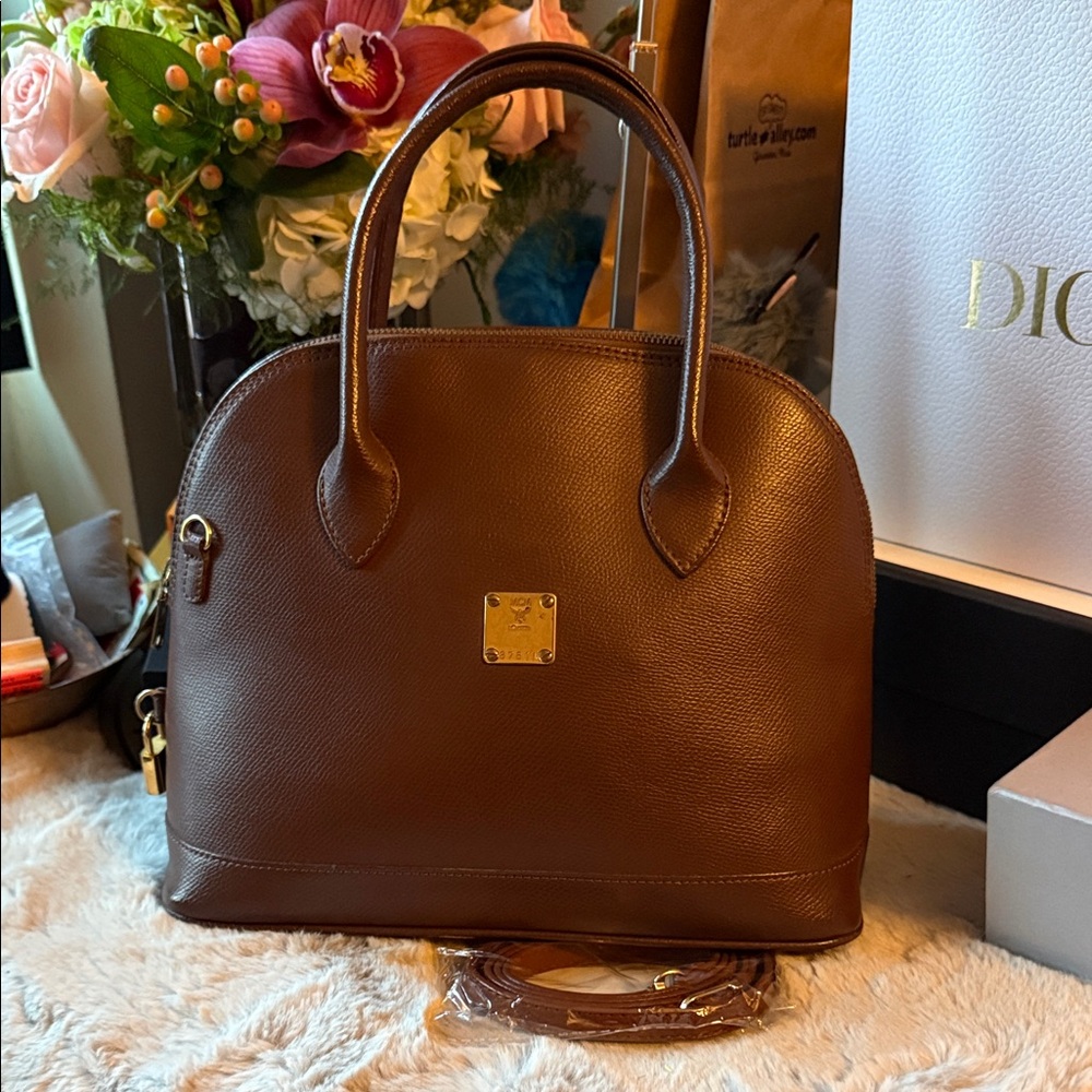 MCM Rich Brown Leather Two Way Satchel Crossbody